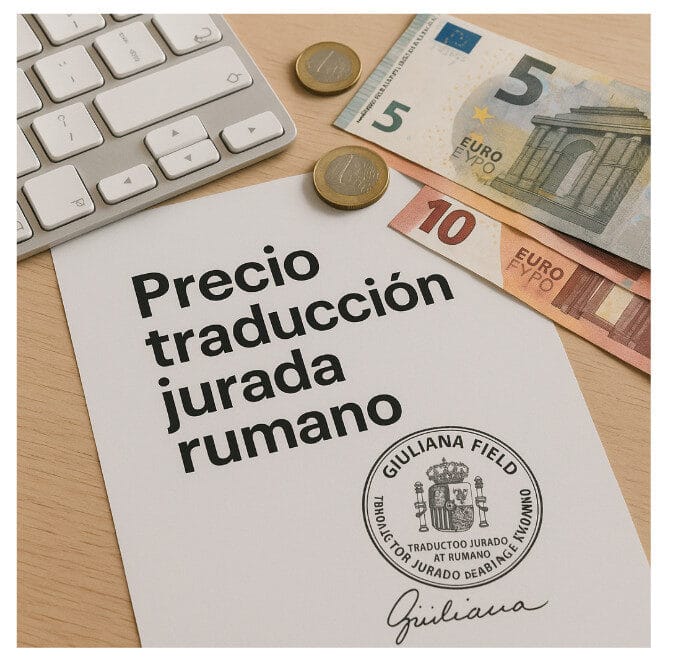 Documento con sello oficial de traductor jurado rumano, billetes de euro y teclado de ordenador, representando el precio de una traducción jurada.