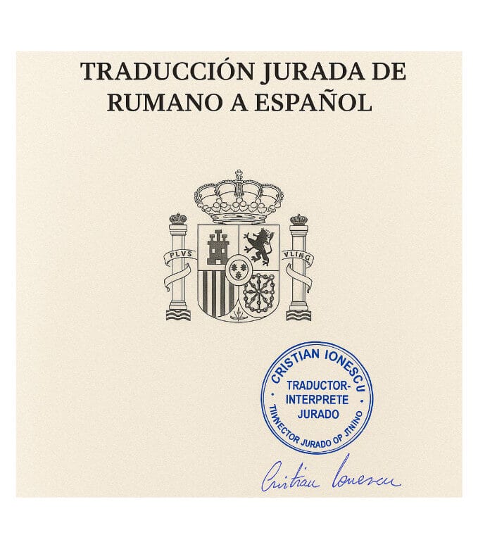 Documento oficial con sello de traductor jurado autorizado por el MAEC para traducción jurada del rumano al español en España
