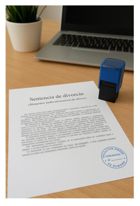 Mesa de oficina con traducción jurada del certificado de divorcio del rumano al español, sello oficial de traductor jurado, ordenador portátil y planta decorativa