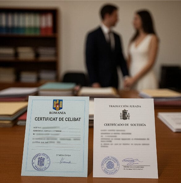Certificado de soltería rumano emitido por un ayuntamiento de Rumanía junto a su traducción jurada al español, ambos con sellos oficiales, sobre una mesa de oficina con carpetas; al fondo, una pareja joven de la mano lista para casarse