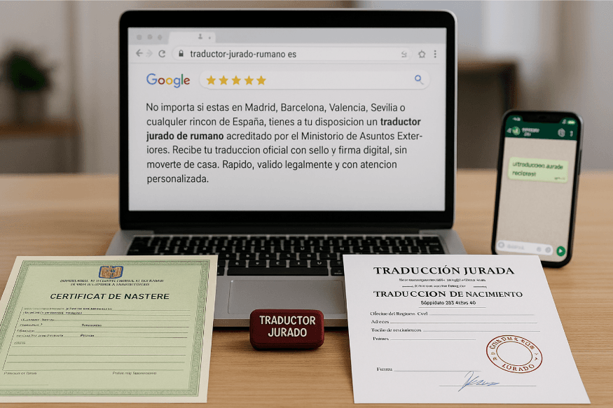 certificado de nacimiento rumano junto a su traducción jurada al español con sello oficial sobre escritorio, portátil abierto con web de traductor jurado