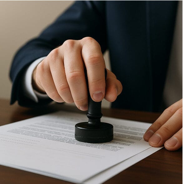 Mano de traductor jurado estampando un documento oficial con un sello redondo, representando la validez legal de una traducción jurada rumano español.