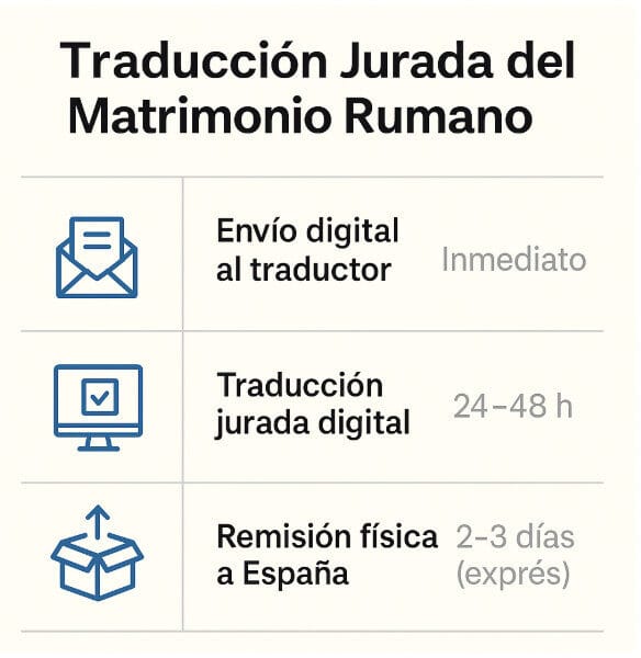 Traducción Jurada del Matrimonio Rumano” con los pasos y tiempos: envío digital al traductor inmediato, traducción jurada digital en 24–48 h y remisión física a España en 2–3 días (exprés)
