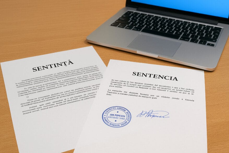 Documentos judiciales de Rumanía y España sobre un escritorio, junto al sello oficial de traductor jurado y un ordenador encendido.