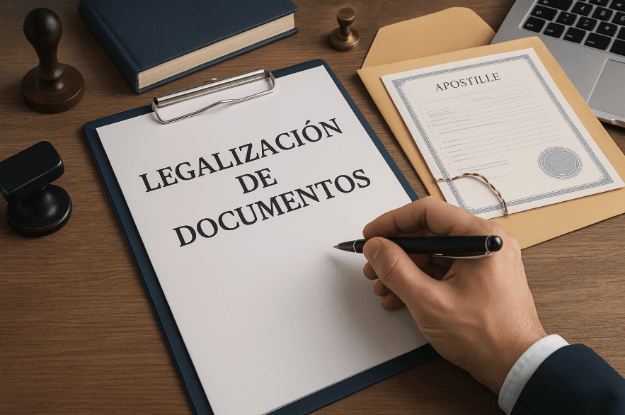 Pareja firmando documentos oficiales en notaría para traducir documentos al rumano con validez legal.