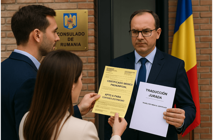 Pareja entrega la traducción jurada del certificado médico prenupcial en el consulado rumano en España, junto al certificado médico original en formato amarillo.