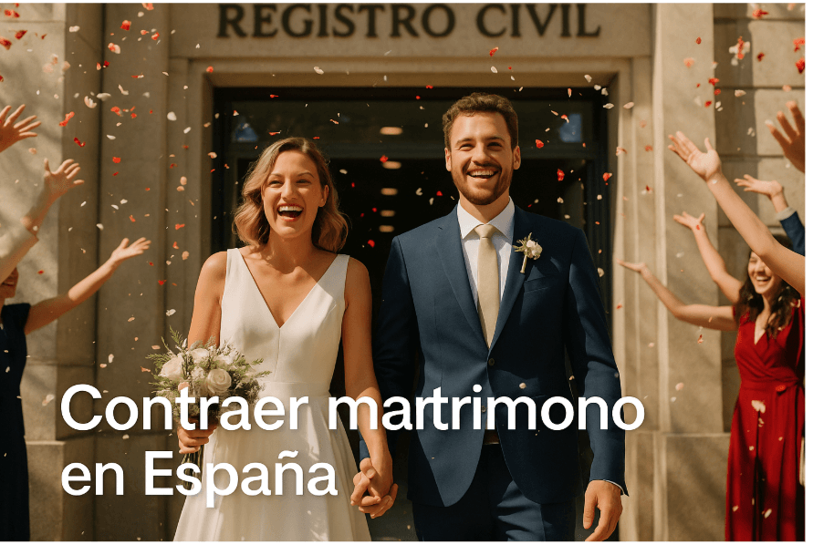 Pareja recién casada saliendo del Registro Civil en España, rodeada de familiares que lanzan pétalos, simbolizando la alegría de contraer matrimonio en España.