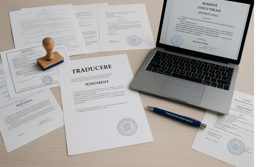 Traducción jurada de documentos judiciales rumanos en un escritorio moderno con ordenador, sello oficial y sentencia traducida