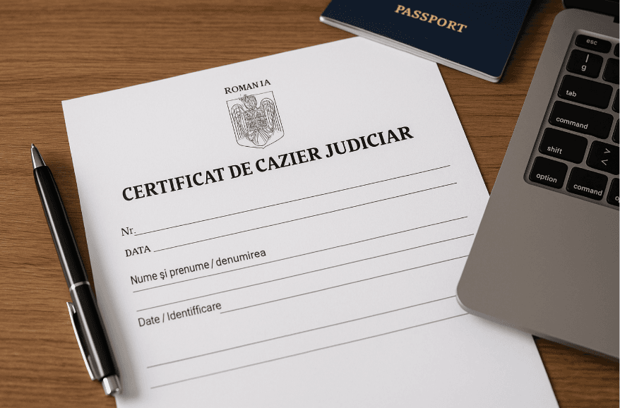 Certificado de antecedentes penales rumano junto a un bolígrafo, un pasaporte y un portátil sobre un escritorio