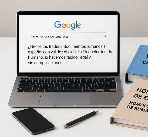 Escritorio moderno con carpetas y ordenador mostrando cómo homologar ESO de Rumanía en España, con búsqueda de traducción jurada oficial.
