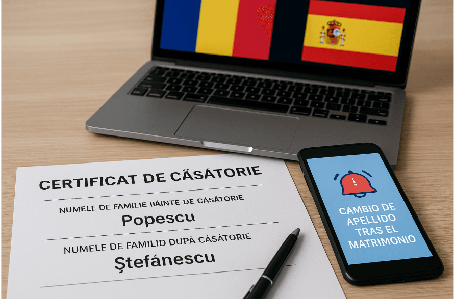 traducción del certificado de matrimonio por cambio de nombre en un escritorio moderno con banderas de España y Rumanía