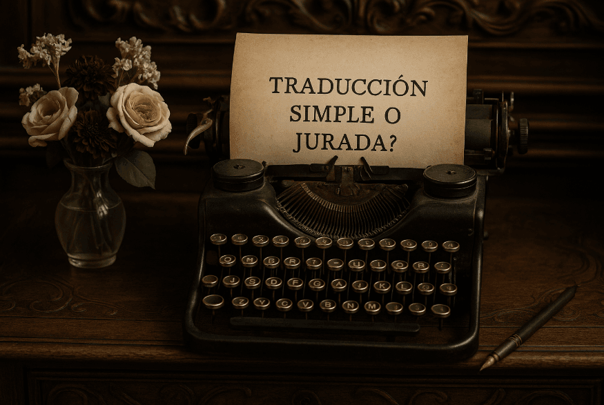 Traducir del rumano al español en máquina de escribir antigua sobre escritorio barroco