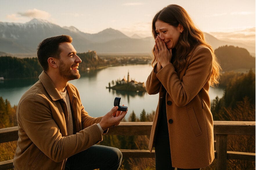 Propuesta de matrimonio en un entorno idílico que refleja la emoción del compromiso y la responsabilidad de preparar la traducción jurada del certificado de nacimiento y certificado de soltería rumano.