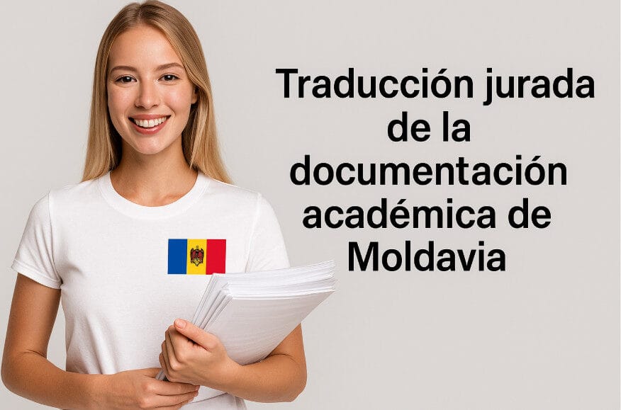 Joven moldava con documentos académicos y bandera, ideal para traducción jurada de la documentación académica de Moldavia