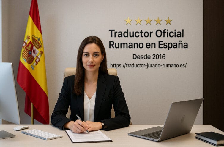 Traductor Oficial Rumano en España en despacho profesional con bandera española y cinco estrellas