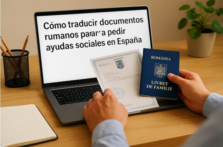 Persona con documento rumano y libro de familia frente a un portátil mientras se informa sobre cómo traducir documentos rumanos para ayudas sociales en España