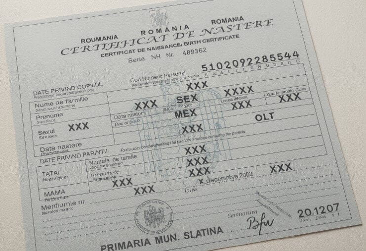 Certificado oficial utilizado para la traducción jurada del certificado de nacimiento rumano, certificado de nacimiento de Rumanía