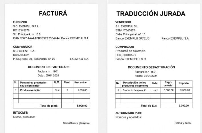 Traducción jurada de una factura emitida en Rumanía – ejemplo visual