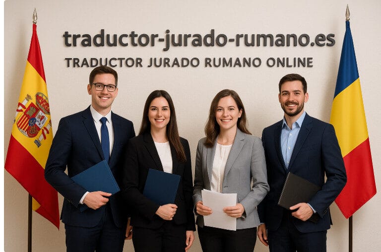 Cuatro traductores jurados posando frente al logotipo de la agencia de traducción jurada de rumano online, con las banderas de España y Rumanía
