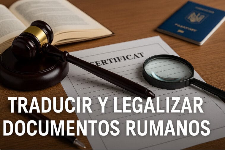 Imagen que representa el proceso de traducir y legalizar documentos rumanos con un certificado, un mazo judicial, una lupa y un pasaporte rumano.