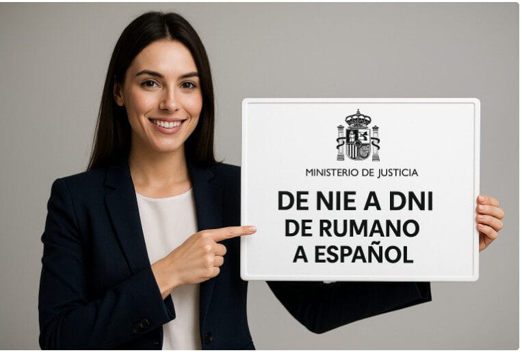 Fotografía realista de una mujer profesional con pizarra que muestra el proceso De NIE a DNI para obtener la nacionalidad española para rumanos