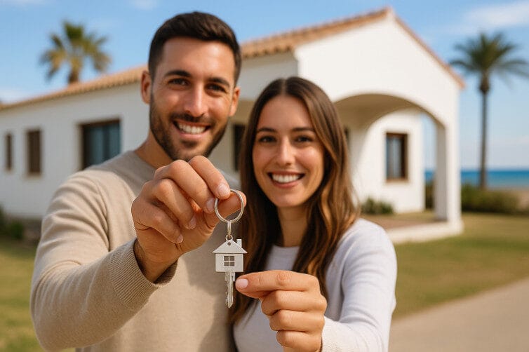 Pareja feliz mostrando las llaves tras adquirir su vivienda, ideal para ilustrar un artículo sobre traducción jurada del rumano al español para comprar una casa en España.
