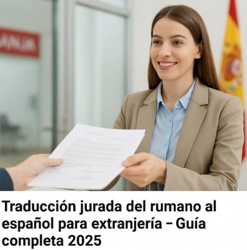 Mujer rumana entregando documentos con traducción jurada del rumano al español para extranjería en una oficina española