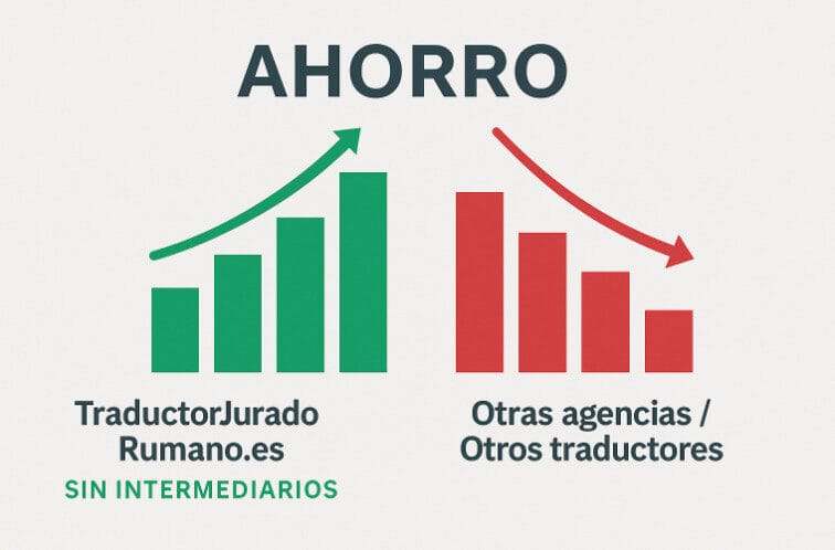 Comparativa visual de precios para la traducción jurada de rumano entre Traductor-Jurado-Rumano.es y otras agencias, destacando el ahorro sin intermediarios.