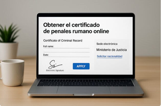 Pantalla de ordenador moderno mostrando el formulario para obtener el certificado de penales rumano online con firma electrónica y acceso a la sede electrónica del Ministerio de Justicia