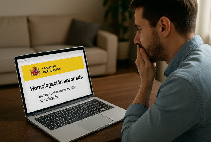 Hombre recibe en su portátil la confirmación oficial del Ministerio de Educación sobre la homologación de estudios universitarios de Rumanía en España.