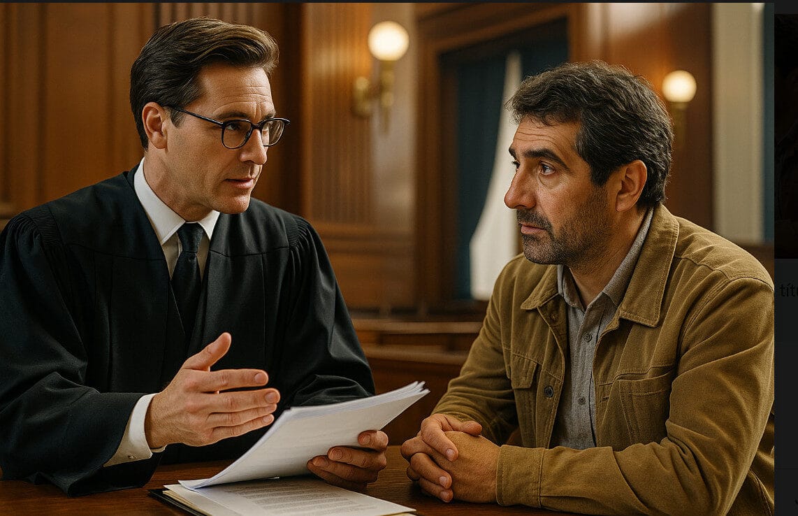 Abogado asesorando a cliente en tribunal, ejemplo de traducción jurada del rumano para despachos de abogados.