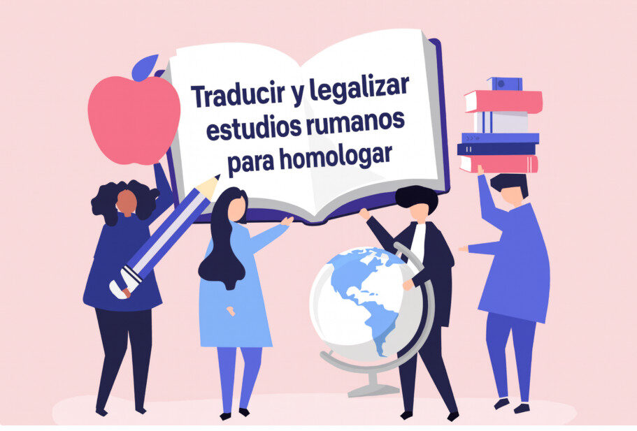 Ilustración de estudiantes sosteniendo un libro con el texto traducir y legalizar estudios rumanos para homologar