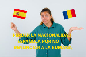 Mujer con banderas de España y Rumanía representando la duda sobre si pierdo la nacionalidad española por no renunciar a la rumana