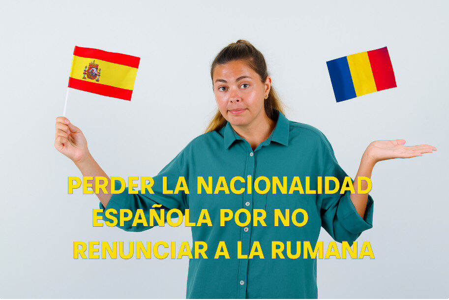 Mujer con banderas de España y Rumanía representando la duda sobre si pierdo la nacionalidad española por no renunciar a la rumana