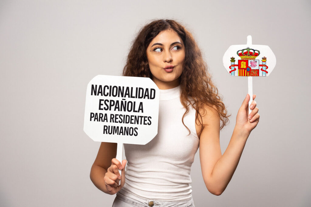 Mujer joven sostiene carteles con el texto “Nacionalidad española para residentes rumanos” y el escudo de España, representando la traducción jurada de documentos rumanos para la nacionalidad española.