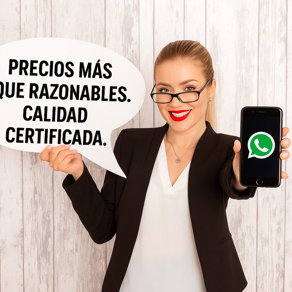Mujer profesional mostrando móvil con WhatsApp y mensaje sobre precios y calidad para homologar estudios no universitarios rumanos