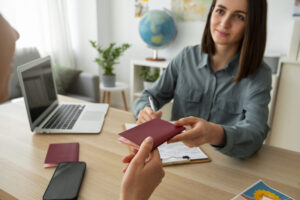 Chica rumana recibiendo su pasaporte español en una oficina española tras leer lo que debes saber sobre la nacionalidad española para rumanos