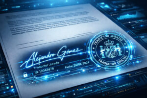 ¿es válida la traducción jurada del rumano con firma electrónica en 2026? imagen futurística de documento oficial firmado digitalmente