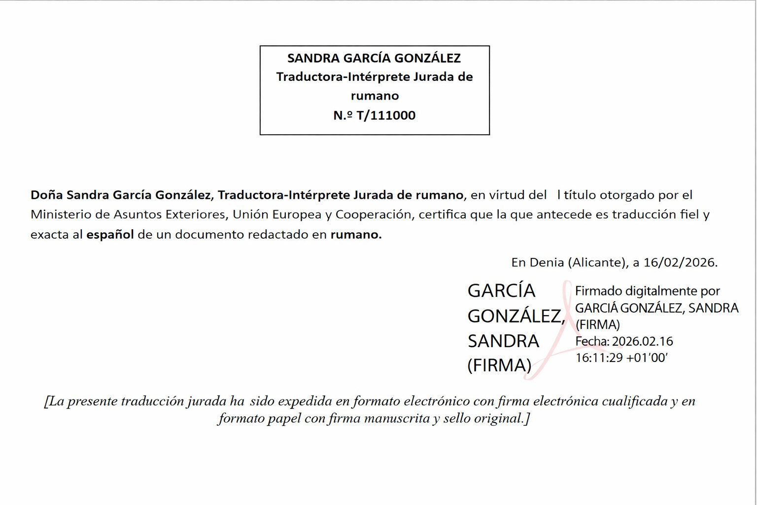 La traducción jurada del rumano con firma digital es válida — certificación oficial firmada electrónicamente por traductora jurada