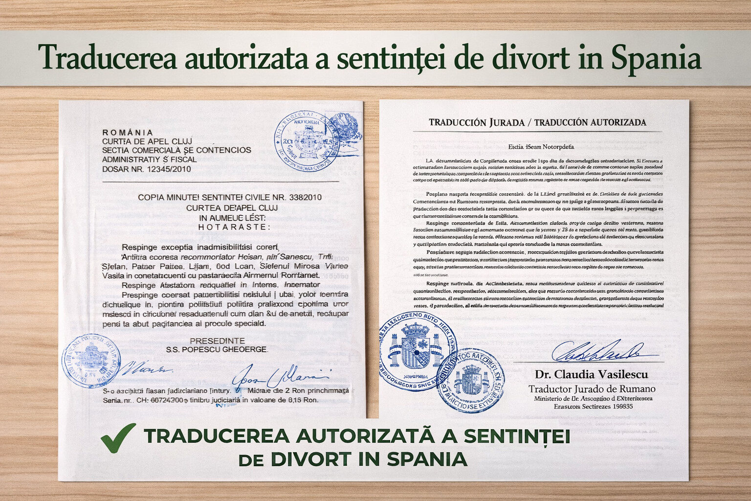 Traducerea autorizata a sentintei de divort in Spania – sentinta originala Romania si traducere oficiala in spaniola cu stampile si semnatura traducator autorizat