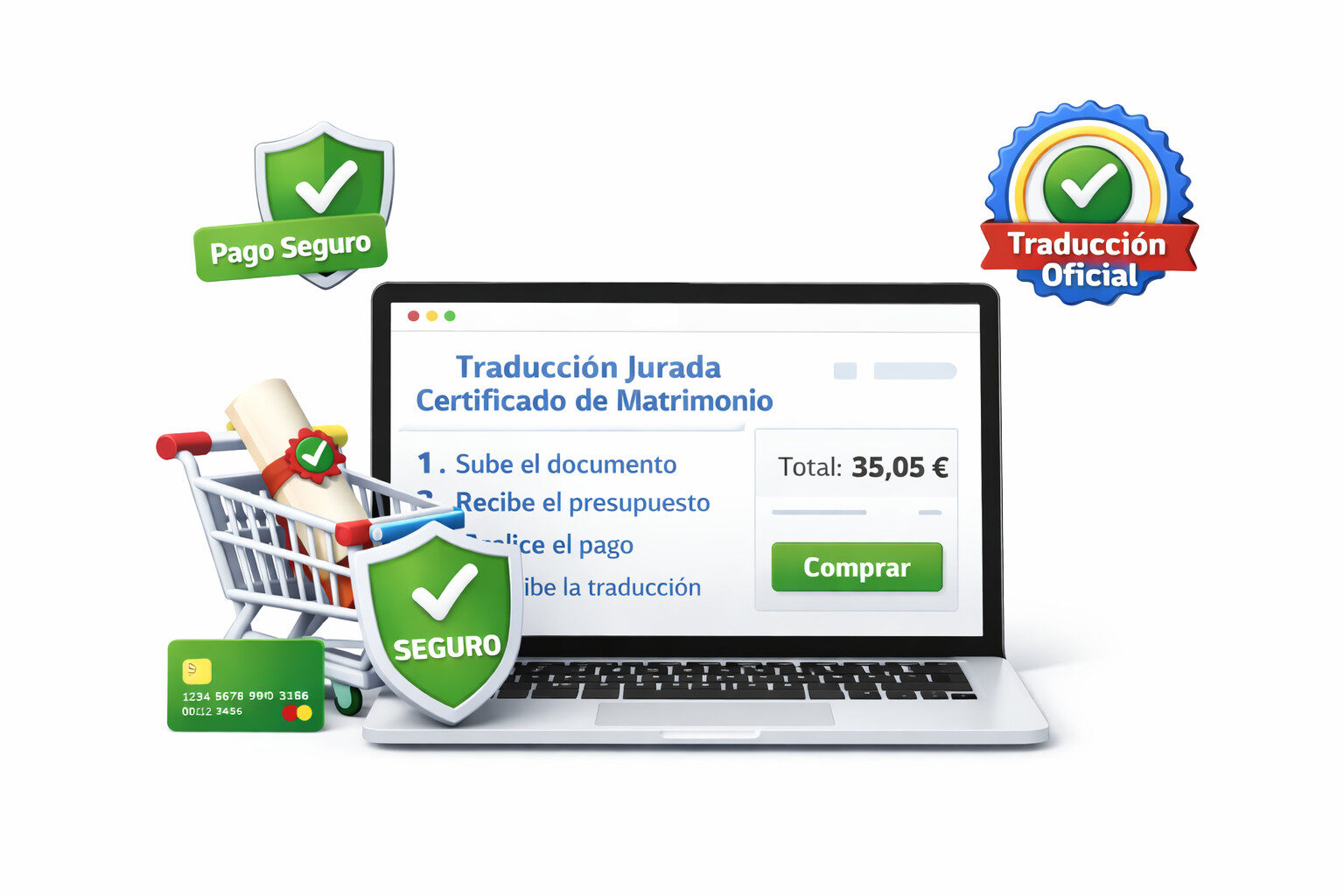 Traducción jurada del certificado de matrimonio de Rumanía solicitada online con pago seguro y proceso en cuatro pasos